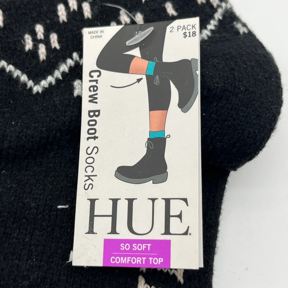 HUE Crew Boot Socks Womens OS Black Fairisle 2pk U23142 So Soft Comfort Top